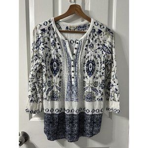 Lucky Brand Women's XS Multicolor Blue White Paisley 3/4 Sleeve T Shirt Button